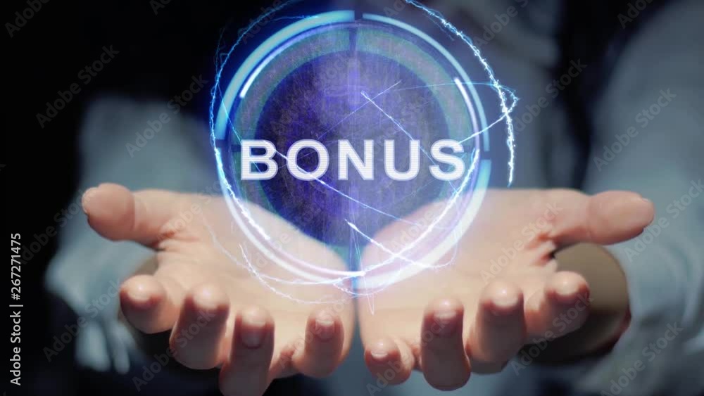 Female hands show a round conceptual hologram with text Bonus. Unrecognizable woman in ashen white on a black background with future holographic technology Female hands show a round conceptual hologram with text Bonus. Unrecognizable woman in ashen white on a black background with future holographic technology