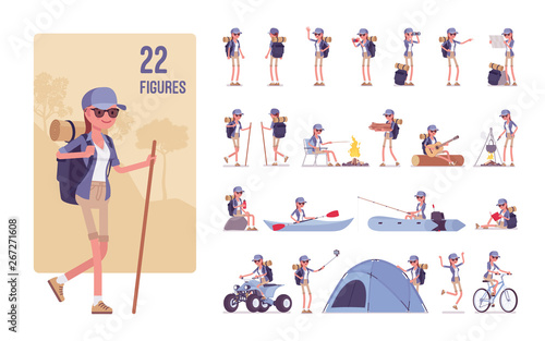 Hiking woman character set. Female active tourist with backpacking gear, wearing travel clothes for outdoor sporting, camping leisure activity. Full length, different views, gestures, emotions, poses