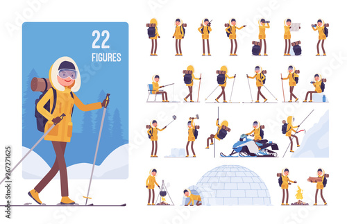Hiking winter woman character set. Female tourist with backpacking gear, wearing travel clothes for outdoor sporting, camping leisure activity. Full length, different views, gestures, emotions, poses