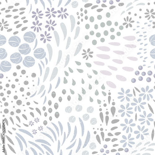 Leaves, flowers and stylized floral elements background. Vector seamless abstract ditsy pattern with botanical motiffs.