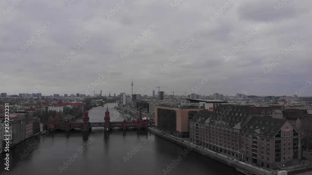Spree river and Oberbaum bridge in Berlin aerial footage Spree river and Oberbaum bridge in Berlin aerial footage