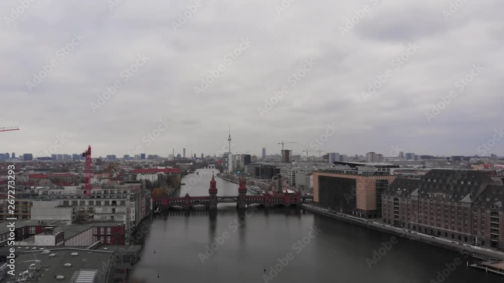 Spree river and Oberbaum bridge in Berlin aerial footage Spree river and Oberbaum bridge in Berlin aerial footage