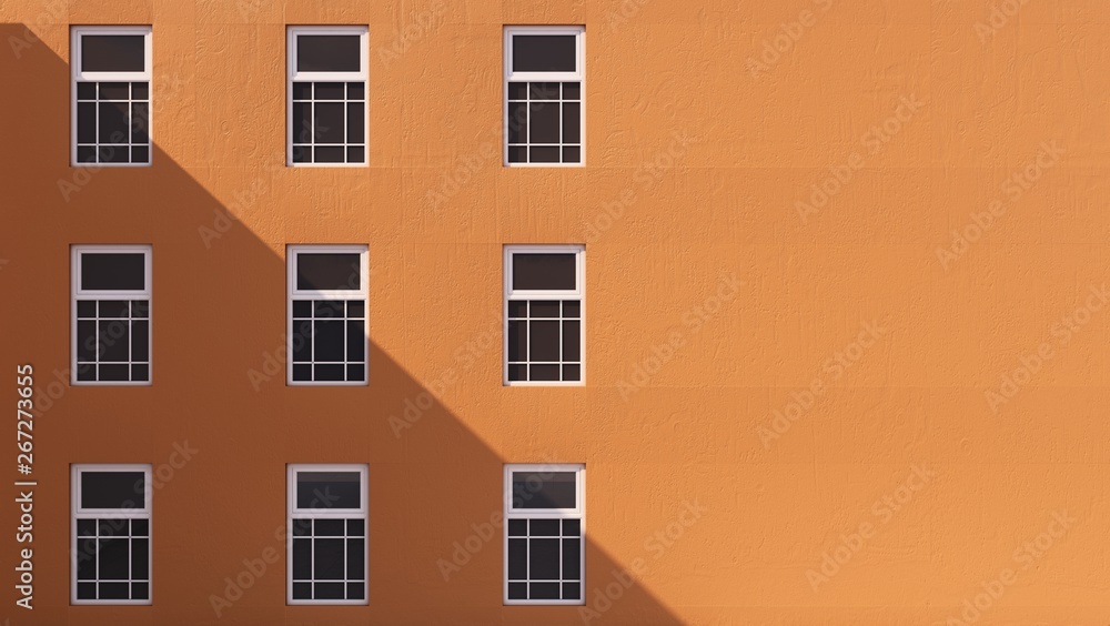 Obraz premium Building minimal windows wood white frame wall orange-3D render