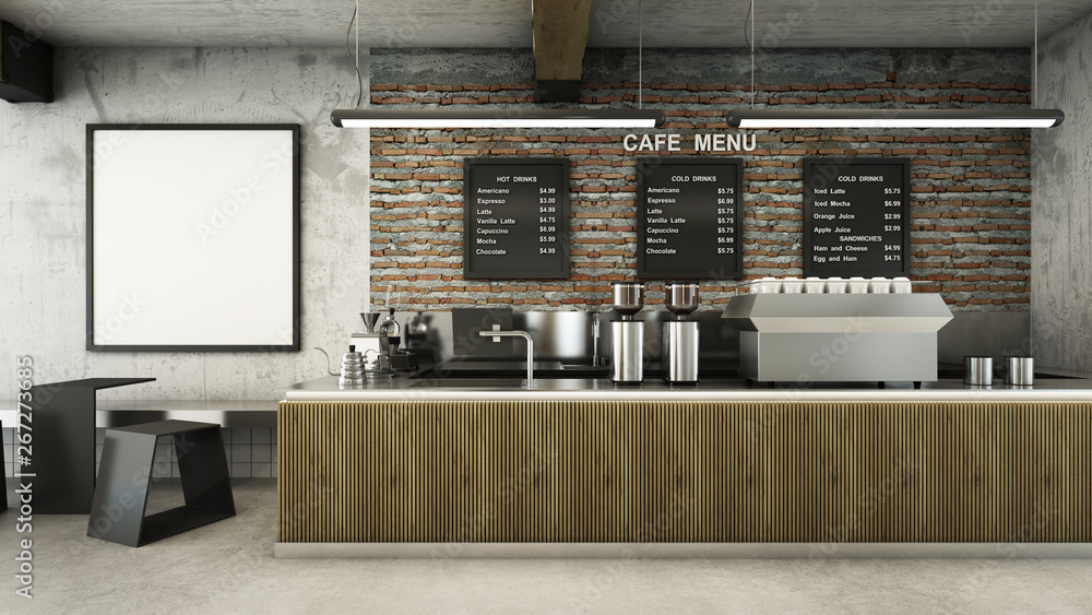 Cafe shop Restaurant design Minimalist Loft,Counter wood slat,Top counter  metal,Mock up on wall concrete,Menu board on wall back counter  brick,concrete floors -3D render Stock Illustration | Adobe Stock