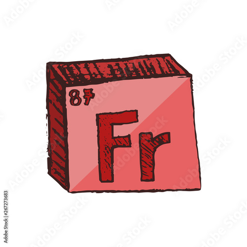 Vector three-dimensional hand drawn chemical red radioactive symbol of alkali metal francium with an abbreviation Fr from the periodic table of the elements isolated on a white background.