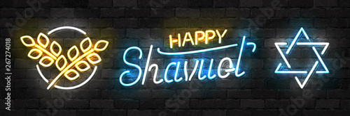 Vector set of realistic isolated neon sign of Shavuot Jewish holiday logo for template decoration and invitation covering.