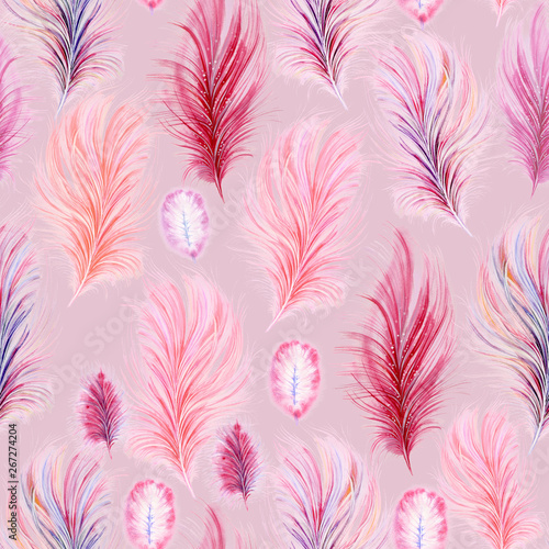 Watercolor fashion seamless pattern with pink feathers. Vintage background