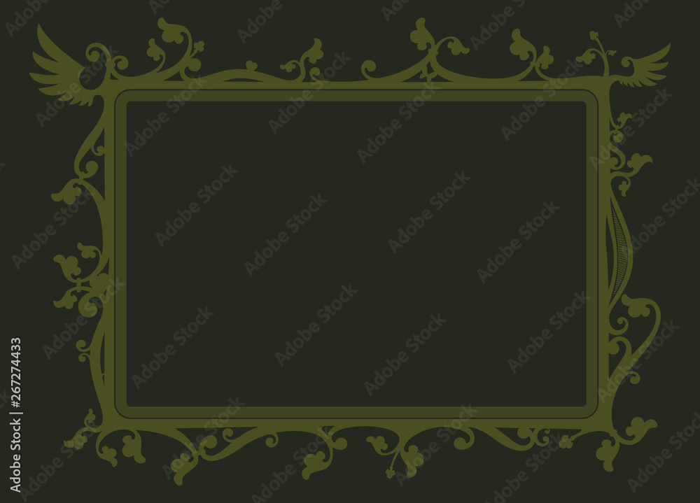 green vector frame with various decorative elements such as heart, leaves, butterflies