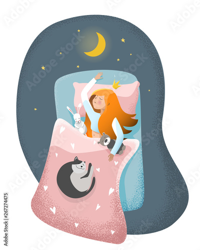 Sleeping girl with cat and toys on comfortable bed with pillow and blanket. Sleeping princess with long hairs. Good night. Sweet Dreams.