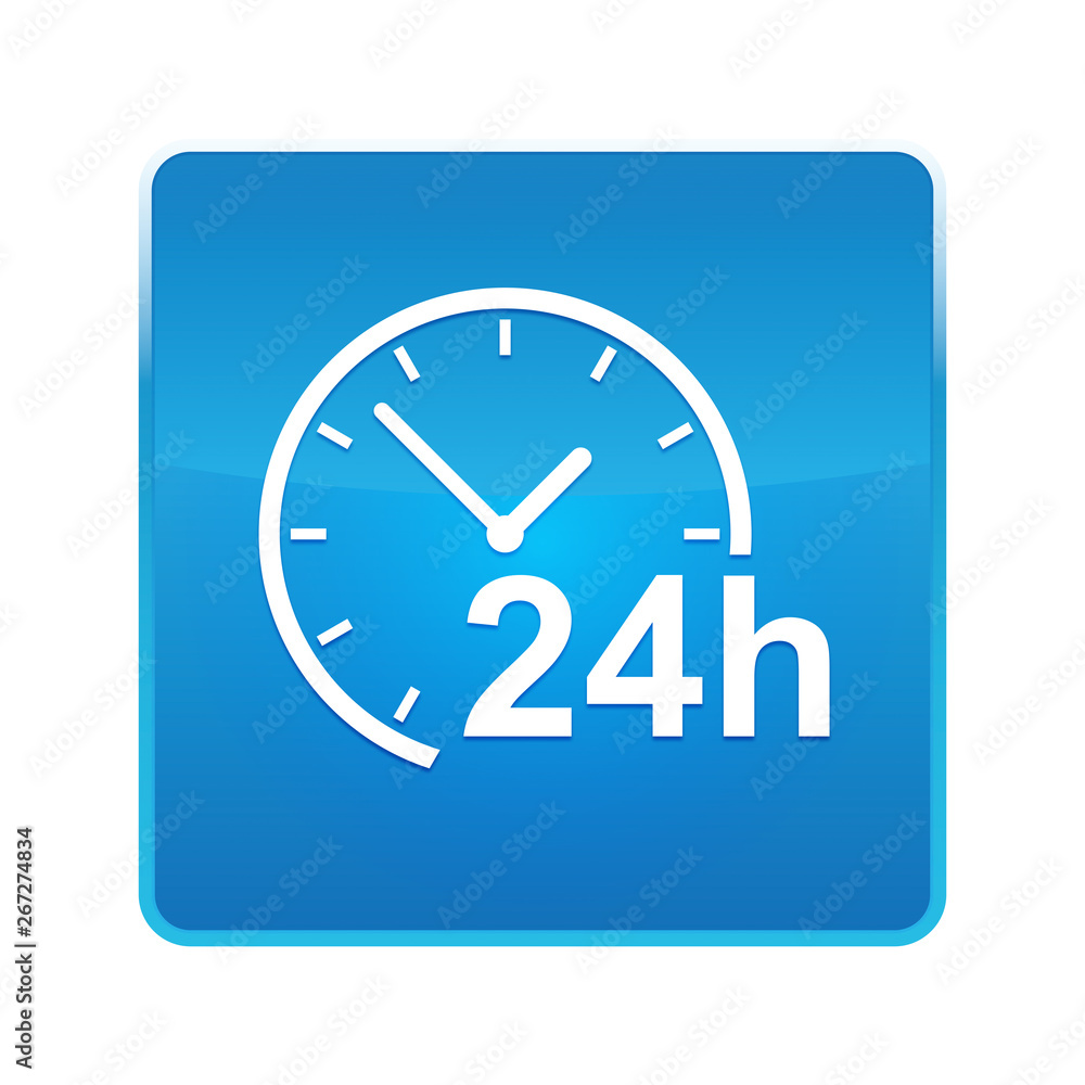 24 hours clock icon shiny blue square button 24 hours clock icon shiny blue square button