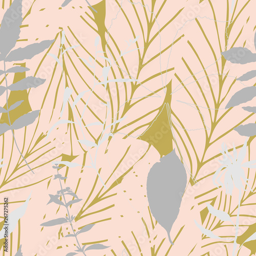 Leaves and flowers background. Vector seamless pattern with hand drawn realis...