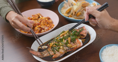 Canvas Print Home cooking with steamed fish, fry egg of pork and fry of clam