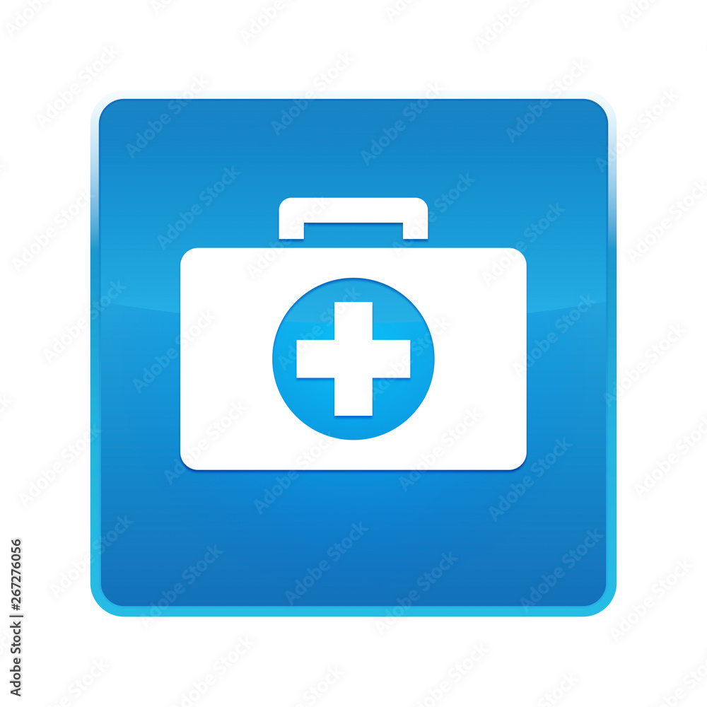 First aid kit icon shiny blue square button First aid kit icon shiny blue square button