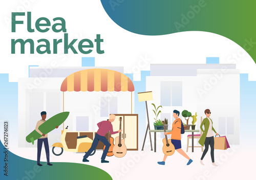 Flea market lettering, people shopping and walking outdoors. Buying, retail, marketplace concept. Presentation slide template. Vector illustration for topics like business, shopping, flea market