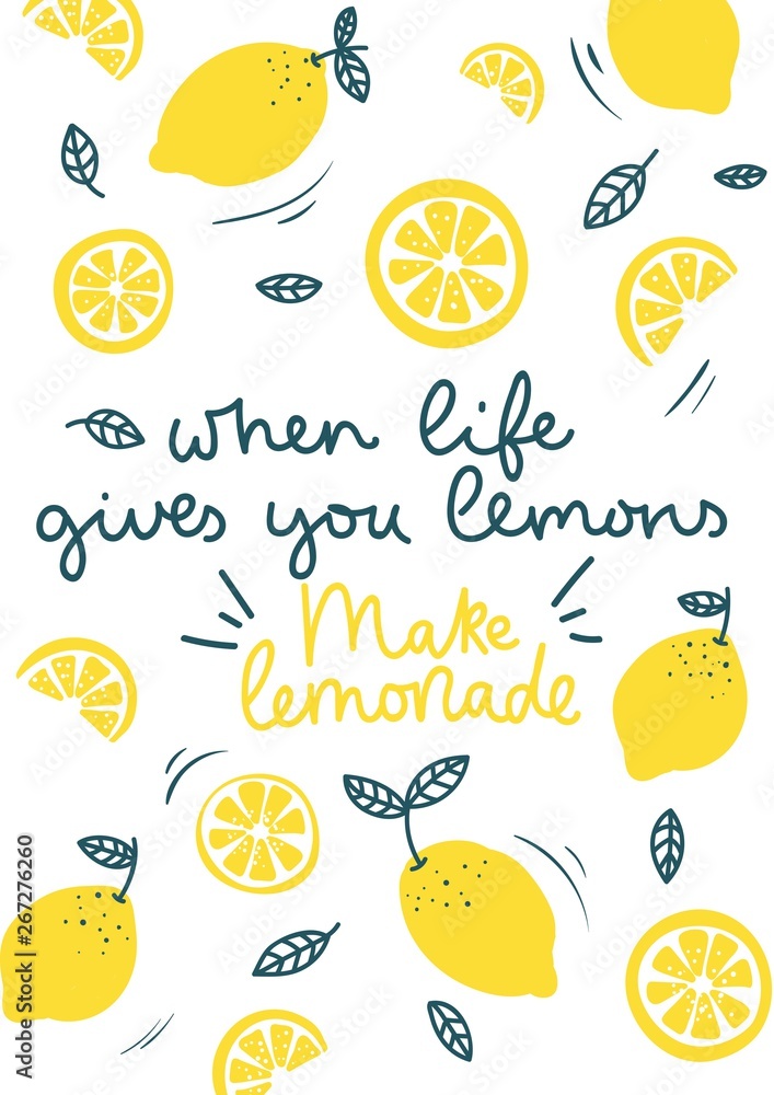 When life gives you lemons make lemonade inspirational card with doodles lemons, leaves isolated on white background. Colorful illustration for greeting cards or prints. Vector lemon illustration