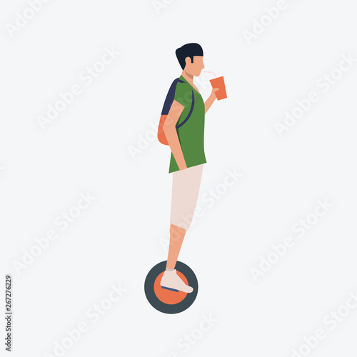 Man riding monowheel and drinking from plastic cup. Sport, recreation, leisure concept. Vector illustration can be used for presentation slide, poster, new projects