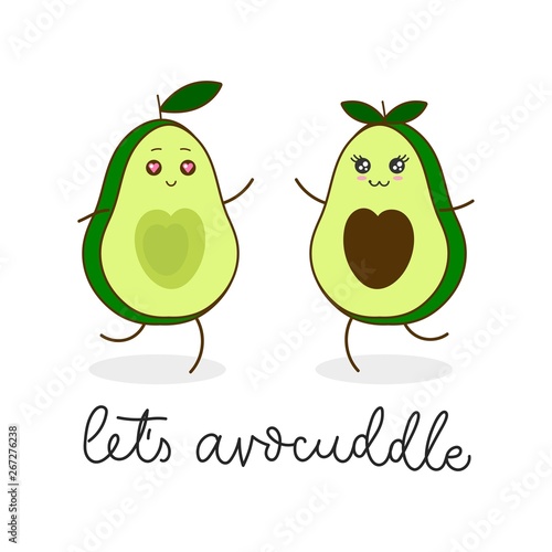 Let's avocuddle lettering card with kawaii avocado characters isolated on white background. Cute avocado hugs inspirational vector illustration photo