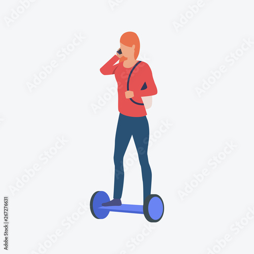 Woman riding gyroscooter and talking on mobile phone. Sport, recreation, leisure concept. Vector illustration can be used for presentation slide, poster, new projects
