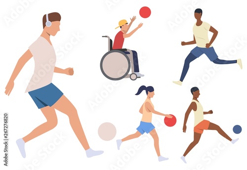 Set of athletes. Men, women and disabled person playing football and basketball. Sport concept. Vector illustration can be used for topics like active lifestyle or ball games