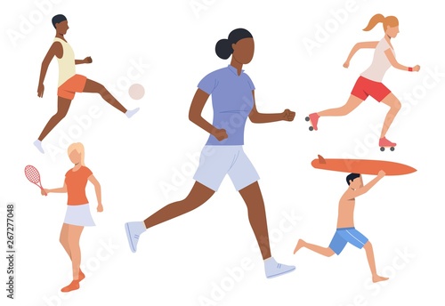 Set of outdoor summer activities. Men and women playing football and tennis, running, roller skating, surfing. Sport concept. Vector illustration can be used for topics like hobby or playground