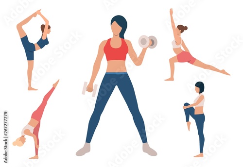 Set of women training body. Girls doing yoga and lifting dumbbells. Sport concept. Vector illustration can be used for topics like gym or fitness club