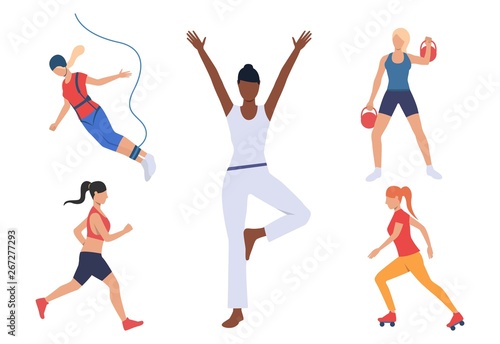 Set of women with active hobbies. Girls doing yoga, running, roller skating, bungee jumping. Sport concept. Vector illustration can be used for topics like keeping fit or active lifestyle