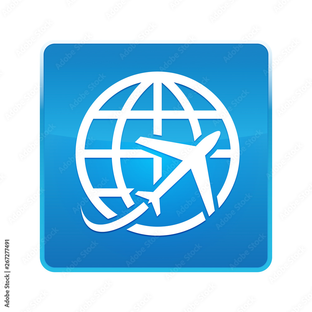 Plane world icon shiny blue square button Plane world icon shiny blue square button