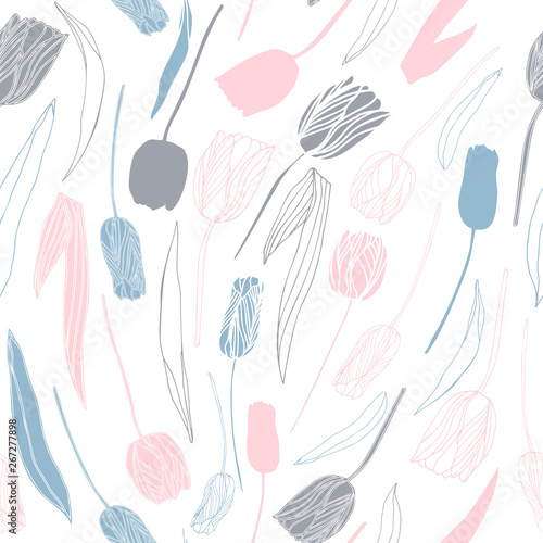 Vector floral seamless pattern with hand drawn tulips. Background with pastel colored flowers and leaves outlines.