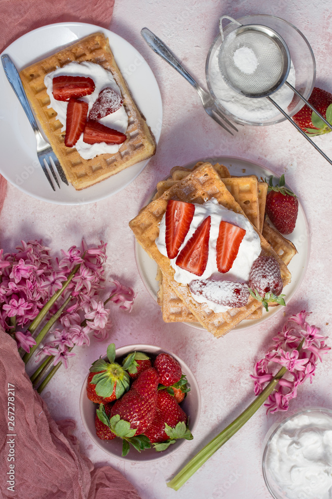 Homemade belgian Waffle. Strawberies and whiped cream. Homemade belgian Waffle. Strawberies and whiped cream.