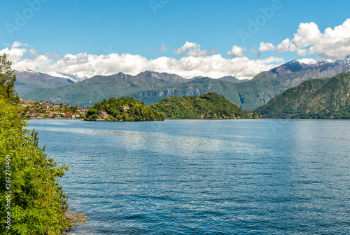 Landscape of lake Como with view of Island Comacina, located in Ossuccio of the municipality of Tremezzina in the province of Como, Italy