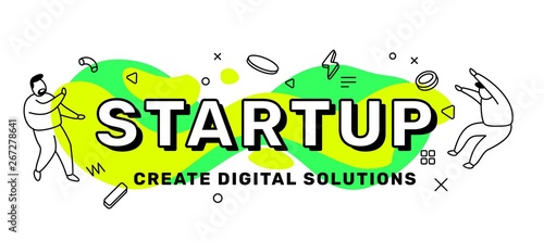 Vector business creative illustration of word startup with peopl