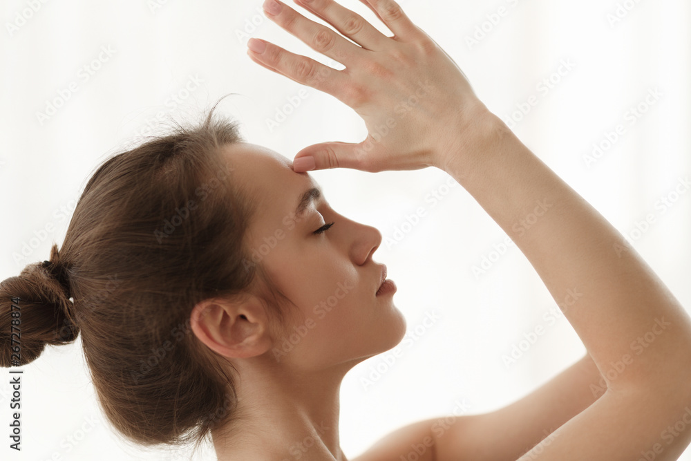 Yogi Woman Doing Meditation Exercise, Namaste Hands To Forehead Yogi Woman Doing Meditation Exercise, Namaste Hands To Forehead