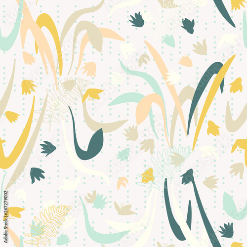Vector floral seamless pattern with hand drawn scilla or snowdrop flowers and fern leaves. Modern decorative background in pastel colors.
