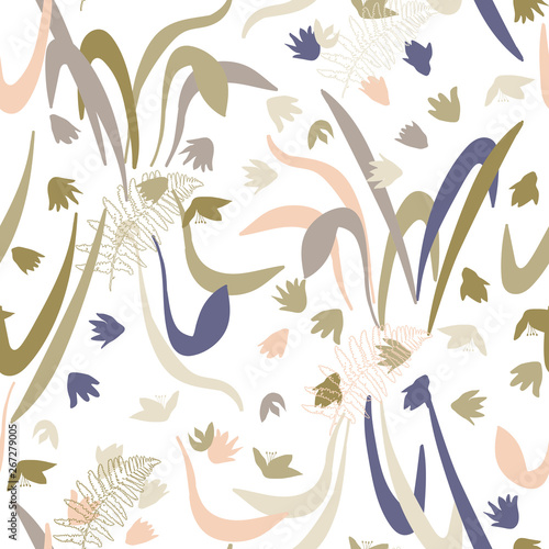 Vector floral seamless pattern with hand drawn scilla or snowdrop flowers and fern leaves. Modern decorative background in pastel colors.