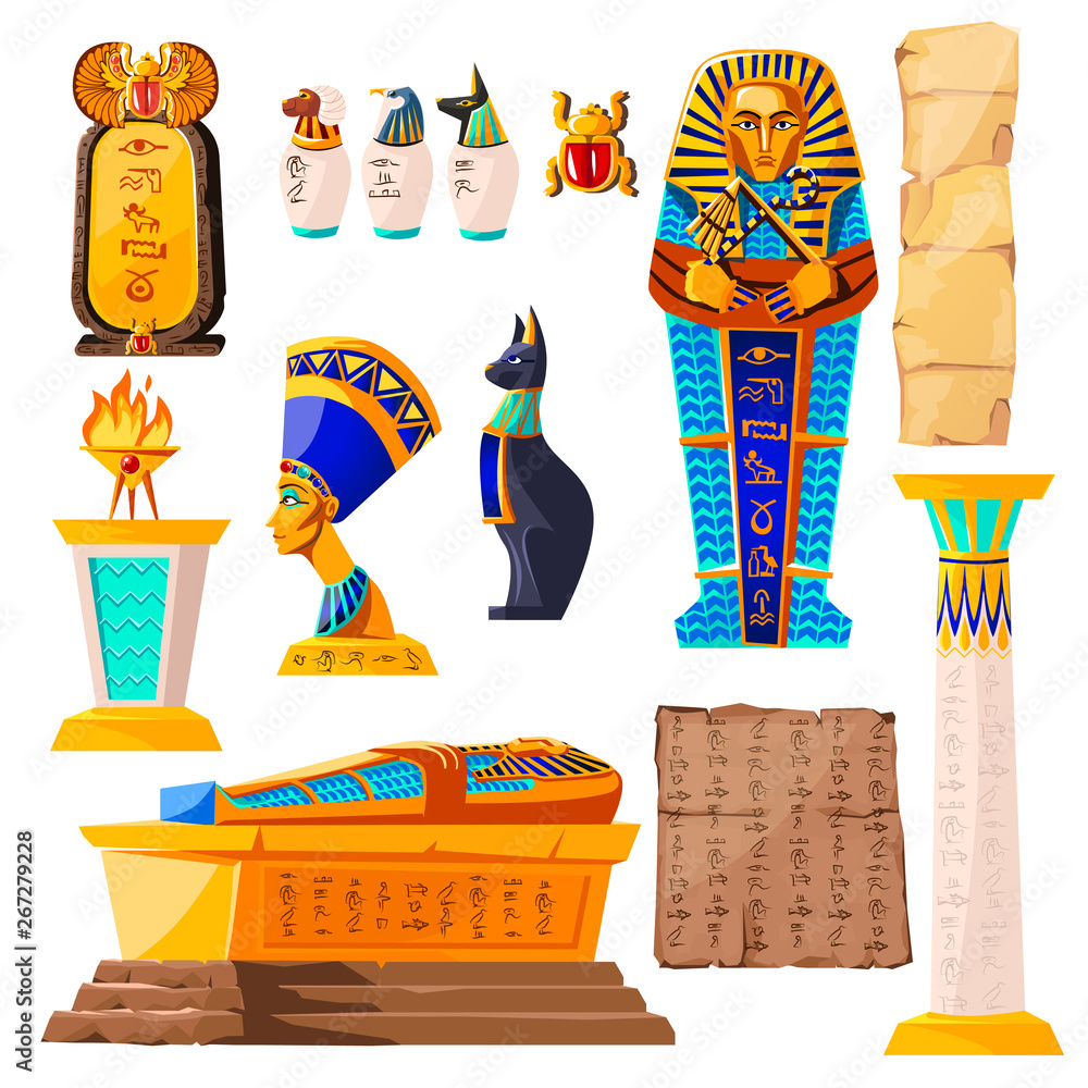 Ancient Egypt vector cartoon set. Egyptian culture symbols collection, golden sarcophagus