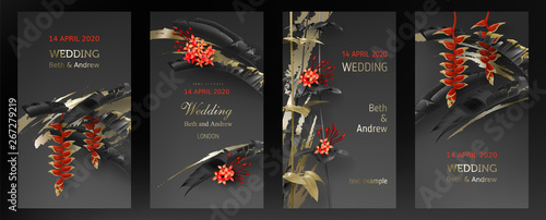 Wallpaper Mural Tropical black gold leaves on dark background vector poster set. Beautiful botanical design with golden tropic jungle leaves, exotic red flower heliconia Wedding ceremony invitation card, holiday sale Torontodigital.ca
