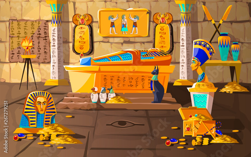 Ancient Egypt tomb of pharaoh cartoons vector illustration. Egyptian pyramid interior with golden sarcophagus, hieroglyphs and mural, scarab beetles, ritual vases and other religious symbols, treasure
