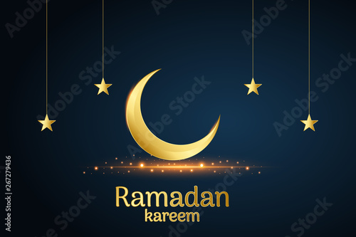 Golden Islamic moon and stars, ramadan kareem written with black background, vector