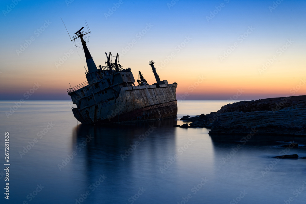 Shipwreck in Cyprus at sunset