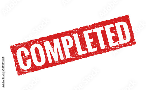 Completed vector grunge red stamp icon. Finished mission project rubber stamp sign design