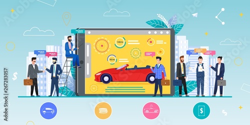 Car Exhibition Metaphor Flat Cartoon Vector. Man Represents New Red Convertible Model on Tablet. Business People, Potential Buyers Talking, Discussing, Receiving Consultation Illustration on Cityscape