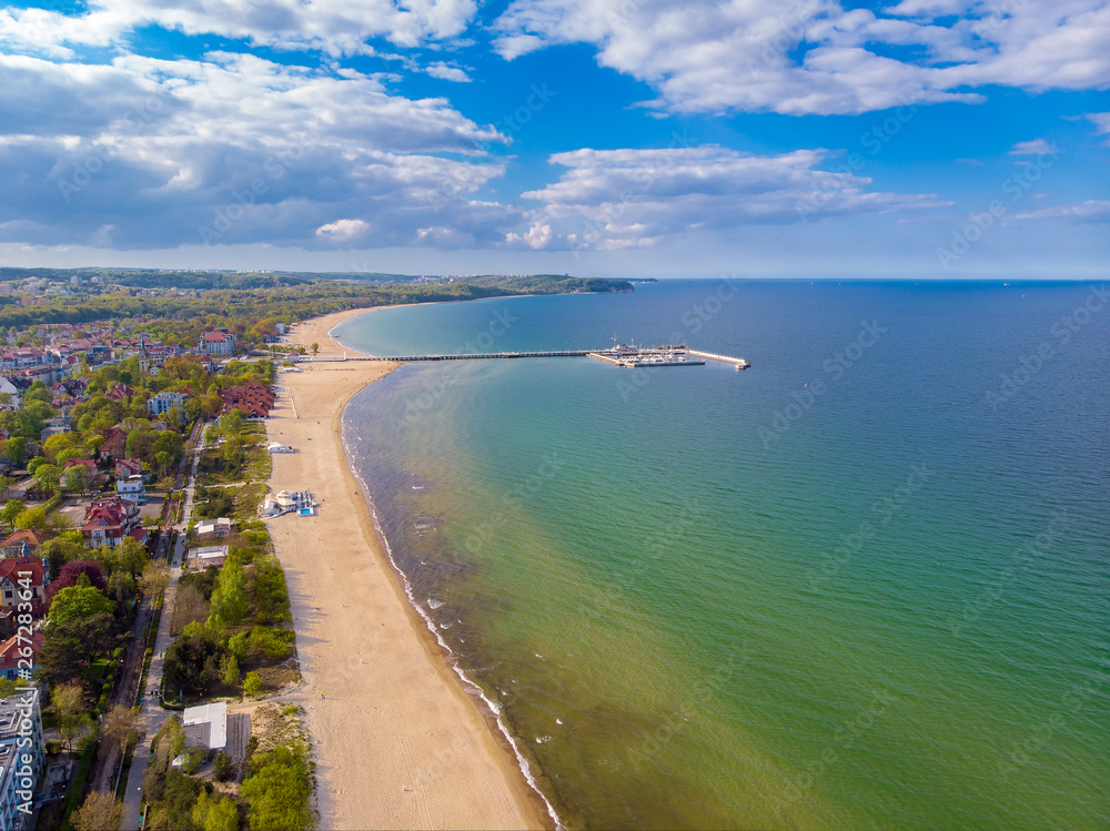The beach in Sopot, Poland. Drone aerial photo