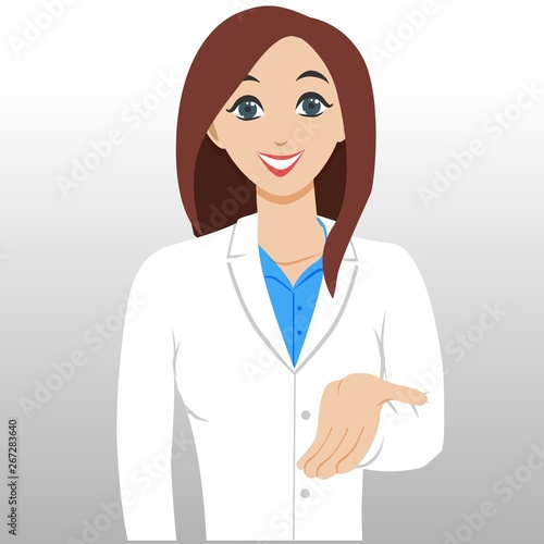 A woman doctor offers medicine on an open palm. Vector illustration for design