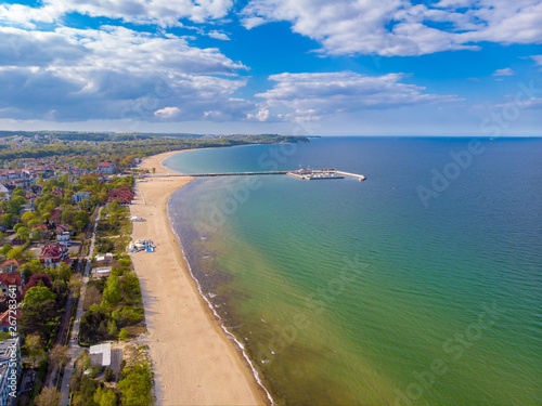 The beach in Sopot, Poland. Drone aerial photo