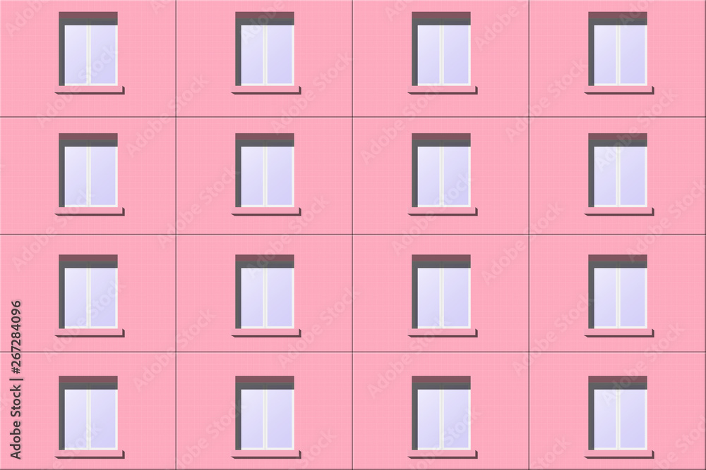 Panel house pink. The window into the street. Seamless pattern.