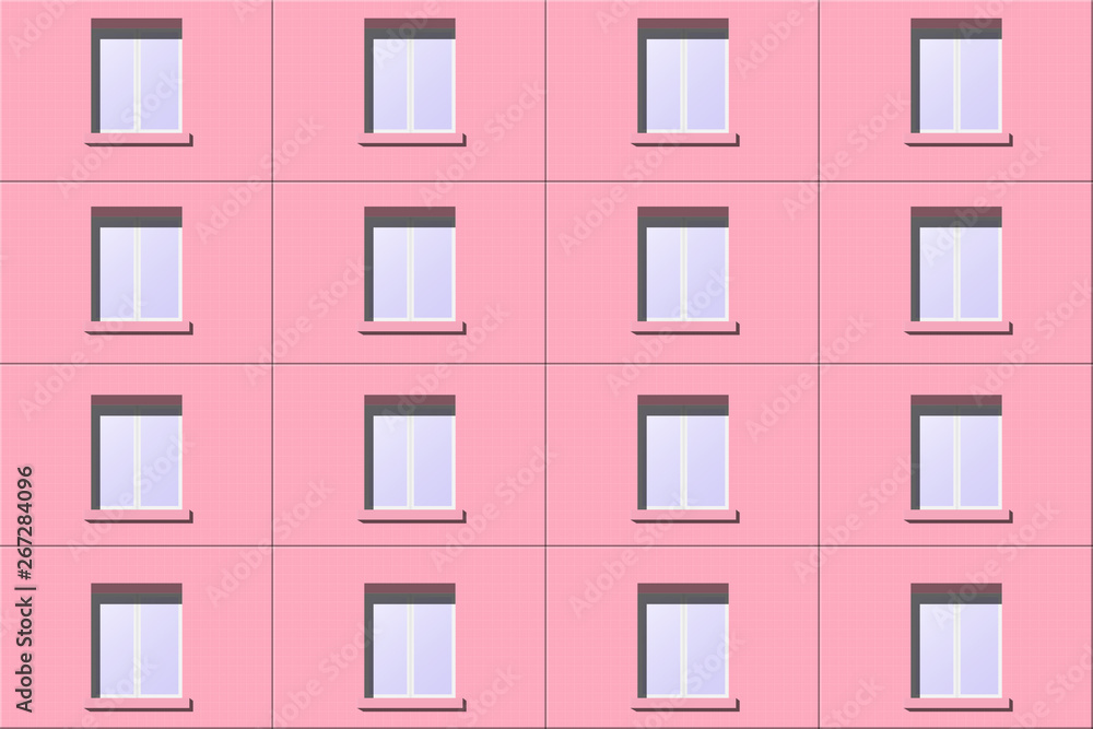 Panel house pink. The window into the street. Seamless pattern. Panel house pink. The window into the street. Seamless pattern.