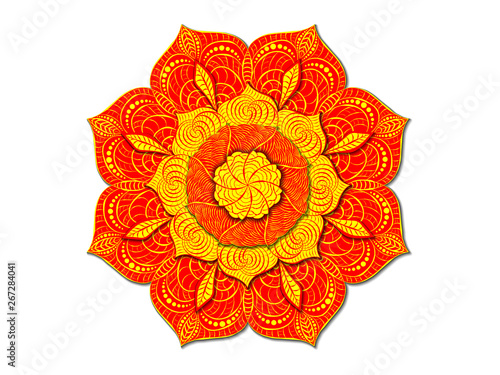 Decorative colored mandala. Radial volumetric pattern. Multilevel layered ornament.  Twisted and vegetable wavy elements.