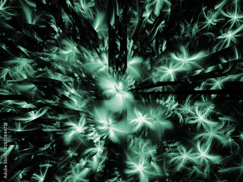 Obraz premium Refraction of light. Reflection of multi-colored sparks in space. Beautiful scientific 3d illustration.