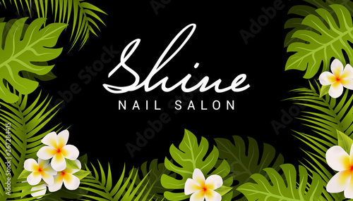 Nail salon business card design. Manicure beauty salon banner with tropic leaves and flower