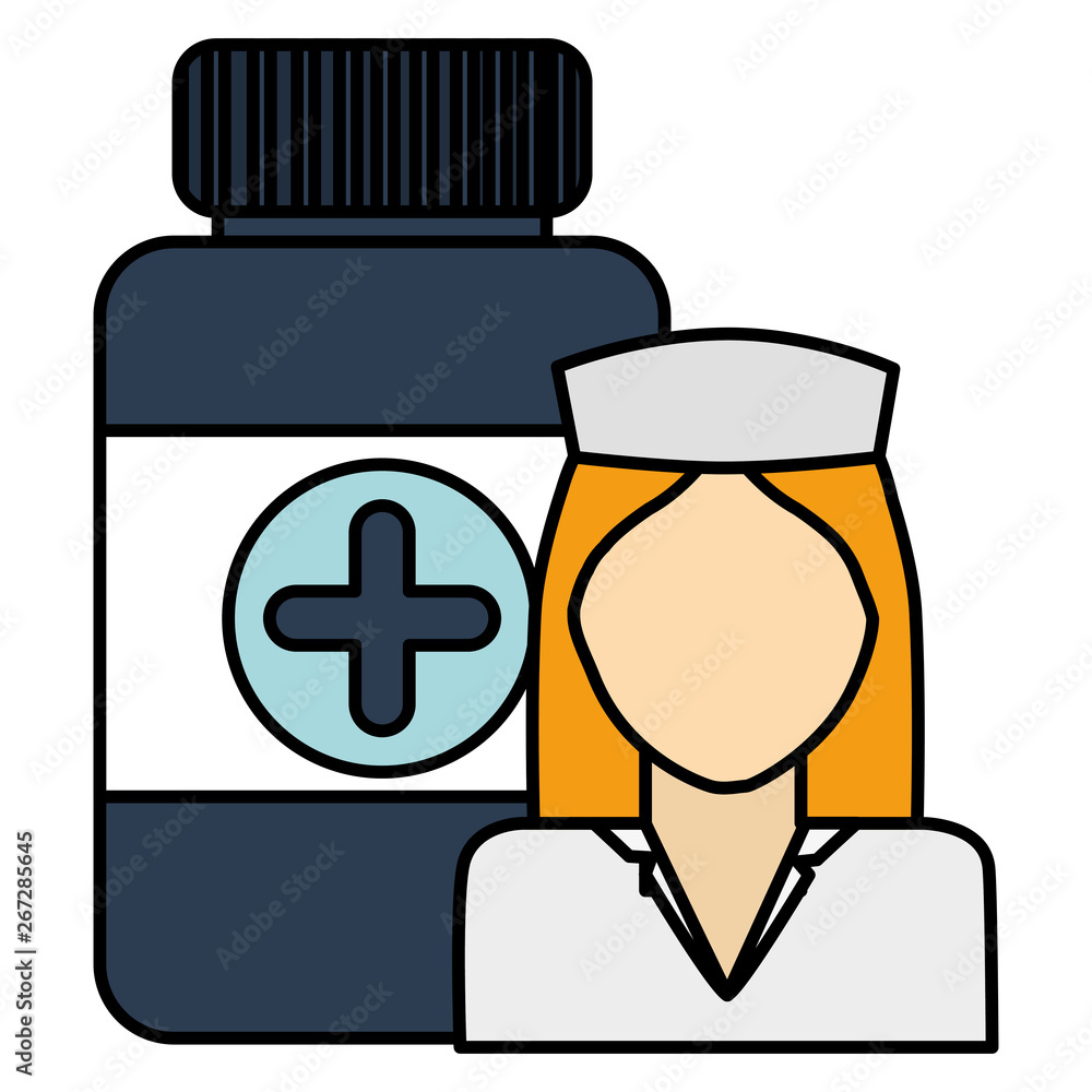 nurse professional with bottle drugs character